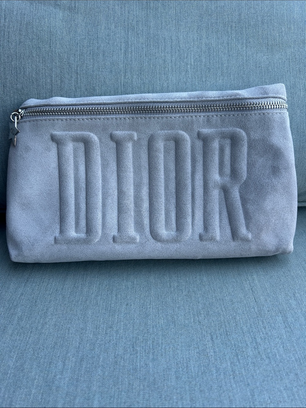 Dior Light Blue Suede Embossed Logo Pouch